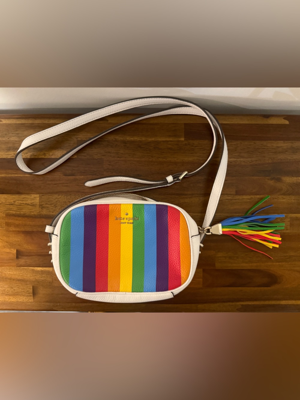 kate spade White Rainbow Stripe Crossbody Bag with Tassel